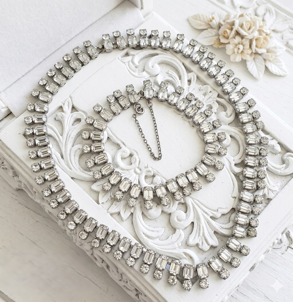 Rhinestone Art Deco Princess Necklace and Bracelet Set