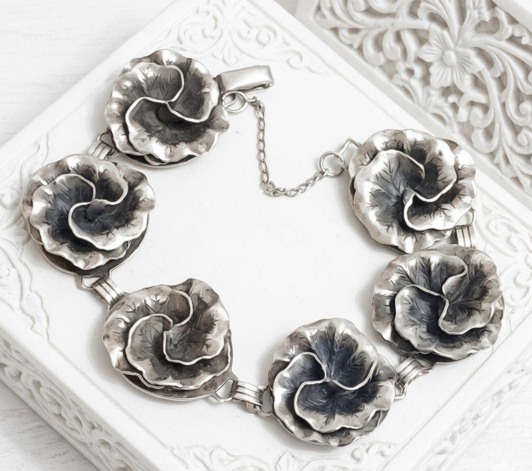 Rose motif bracelet, vintage sterling silver, signed designer, DANCRAFT