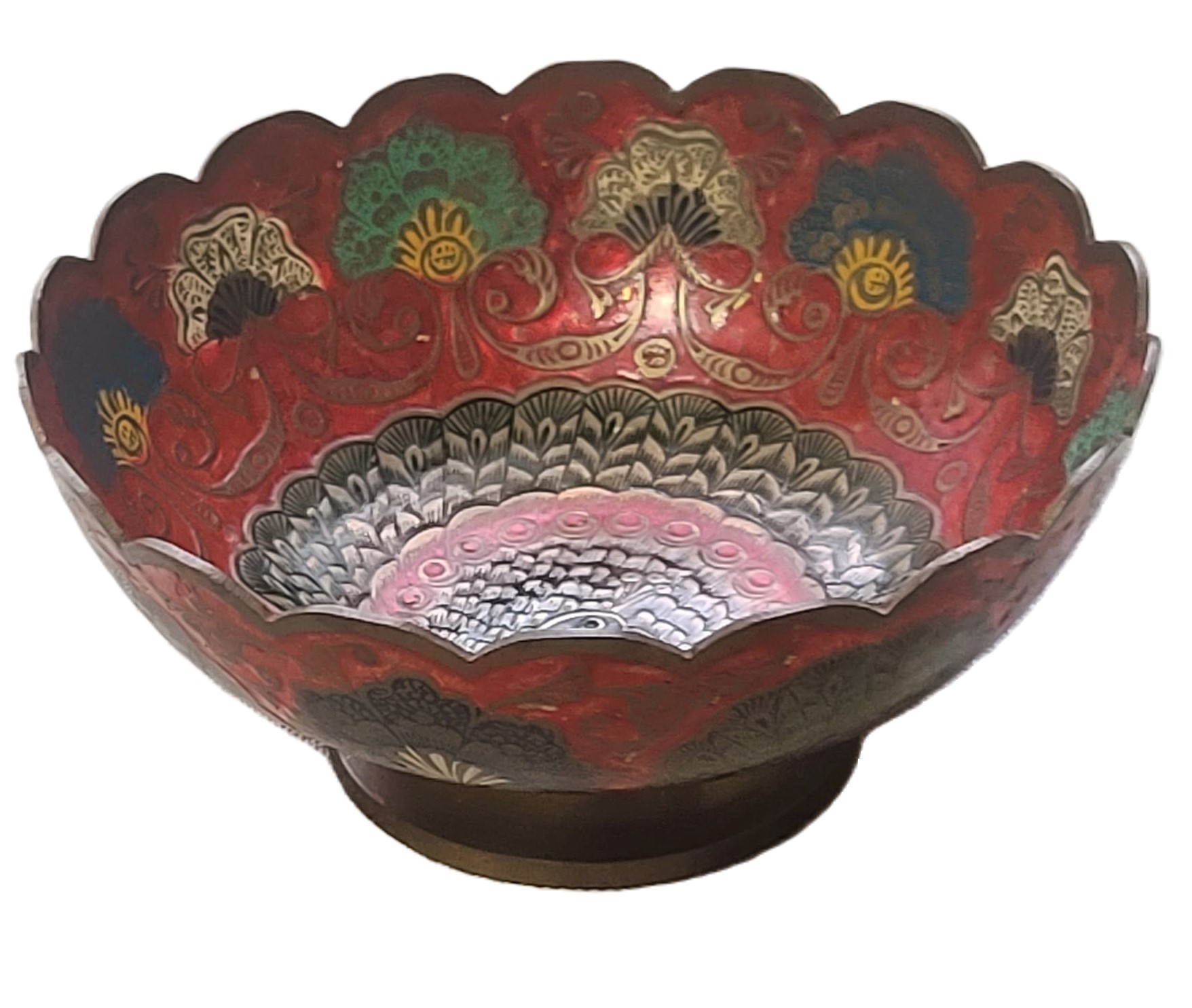 Indian Brass & Enamel Compote Bowl w/Peacock Design - Click Image to Close