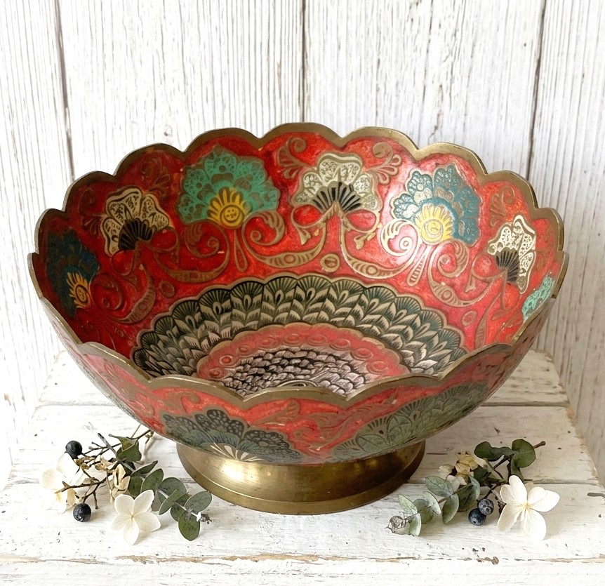 Indian Brass & Enamel Compote Bowl w/Peacock Design