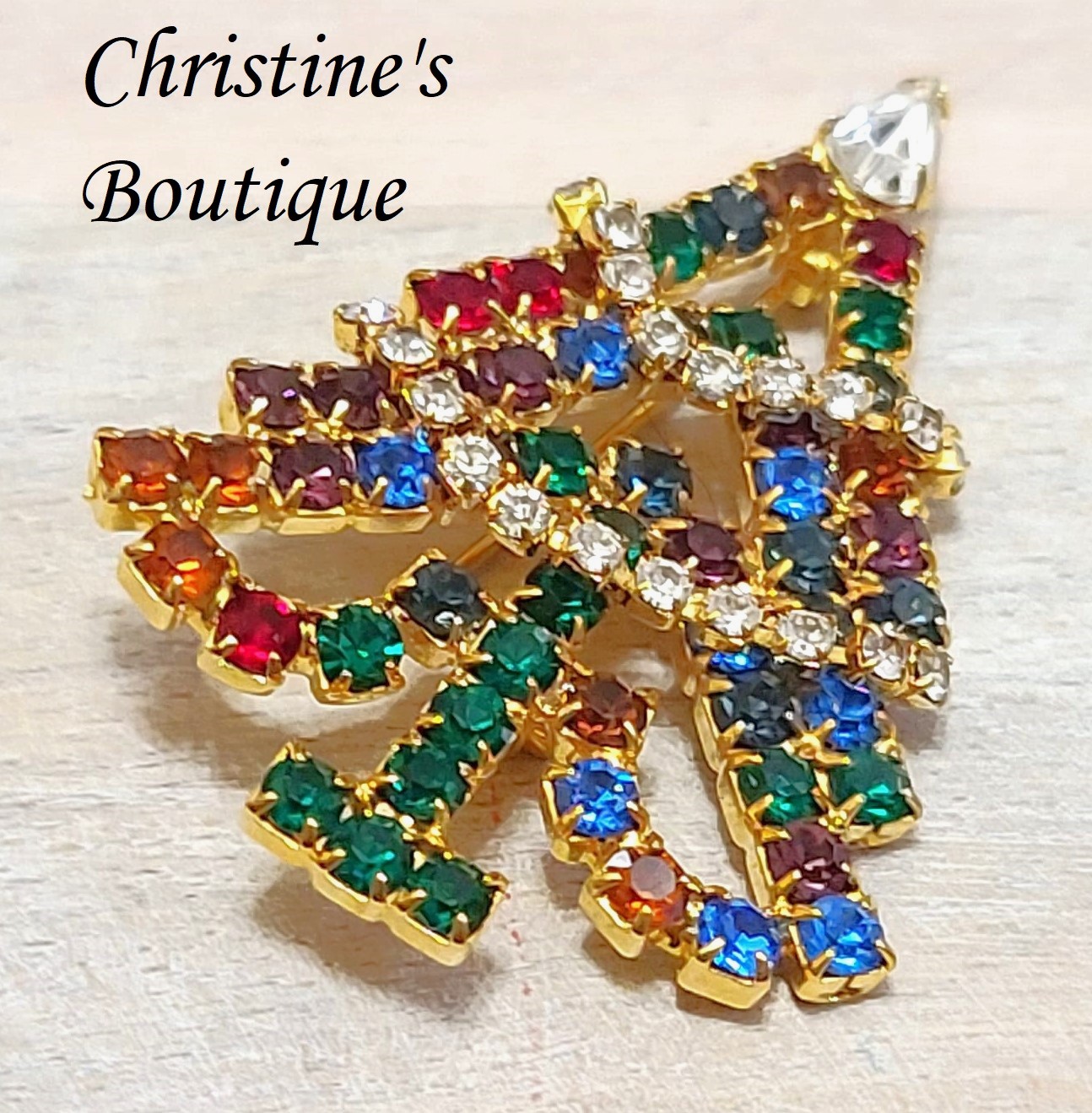 Christmas tree pin, brooch, vintage austrian crystals - Click Image to Close