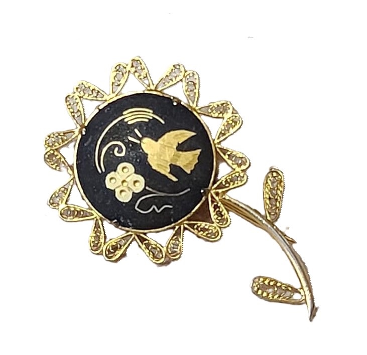 Damascene Bird and Flower Pin - Click Image to Close