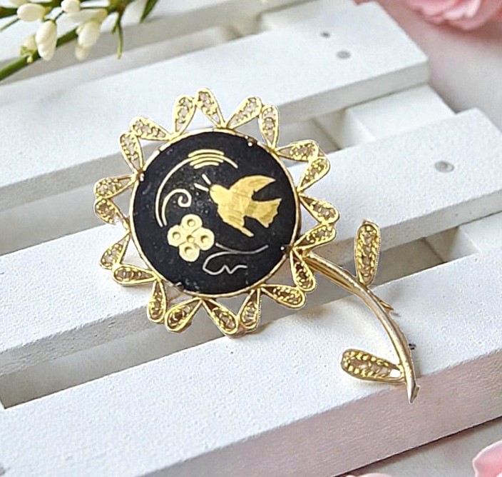 Damascene Bird and Flower Pin