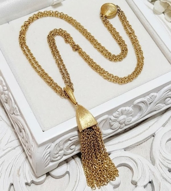 Vintage tassel necklace, brushed gold, 18" length