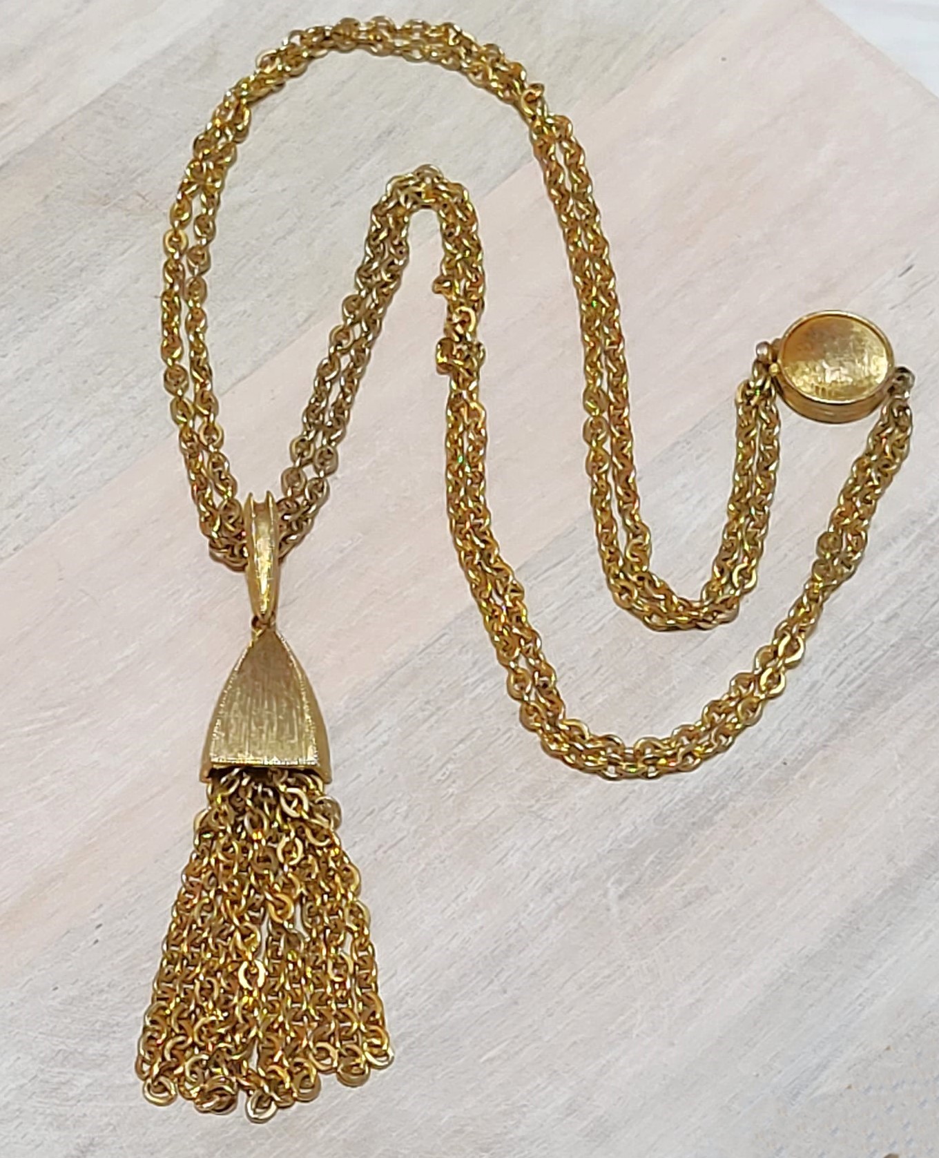 Vintage tassel necklace, brushed gold, 18" length