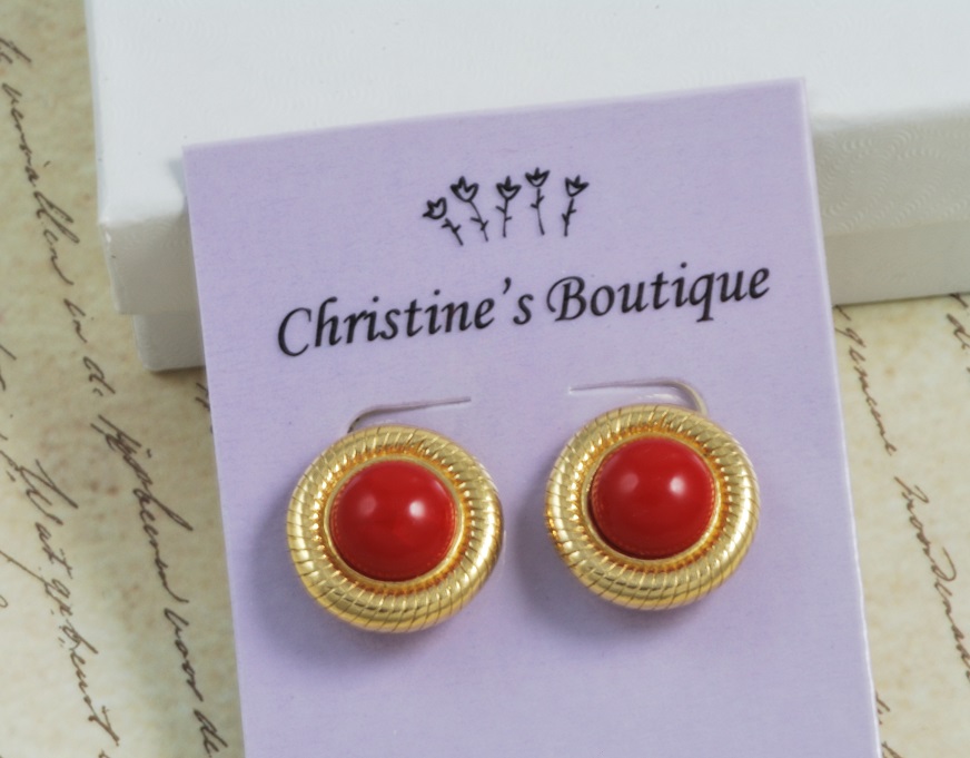 Vintage Goldtone & Red Button Clip Back Earrings