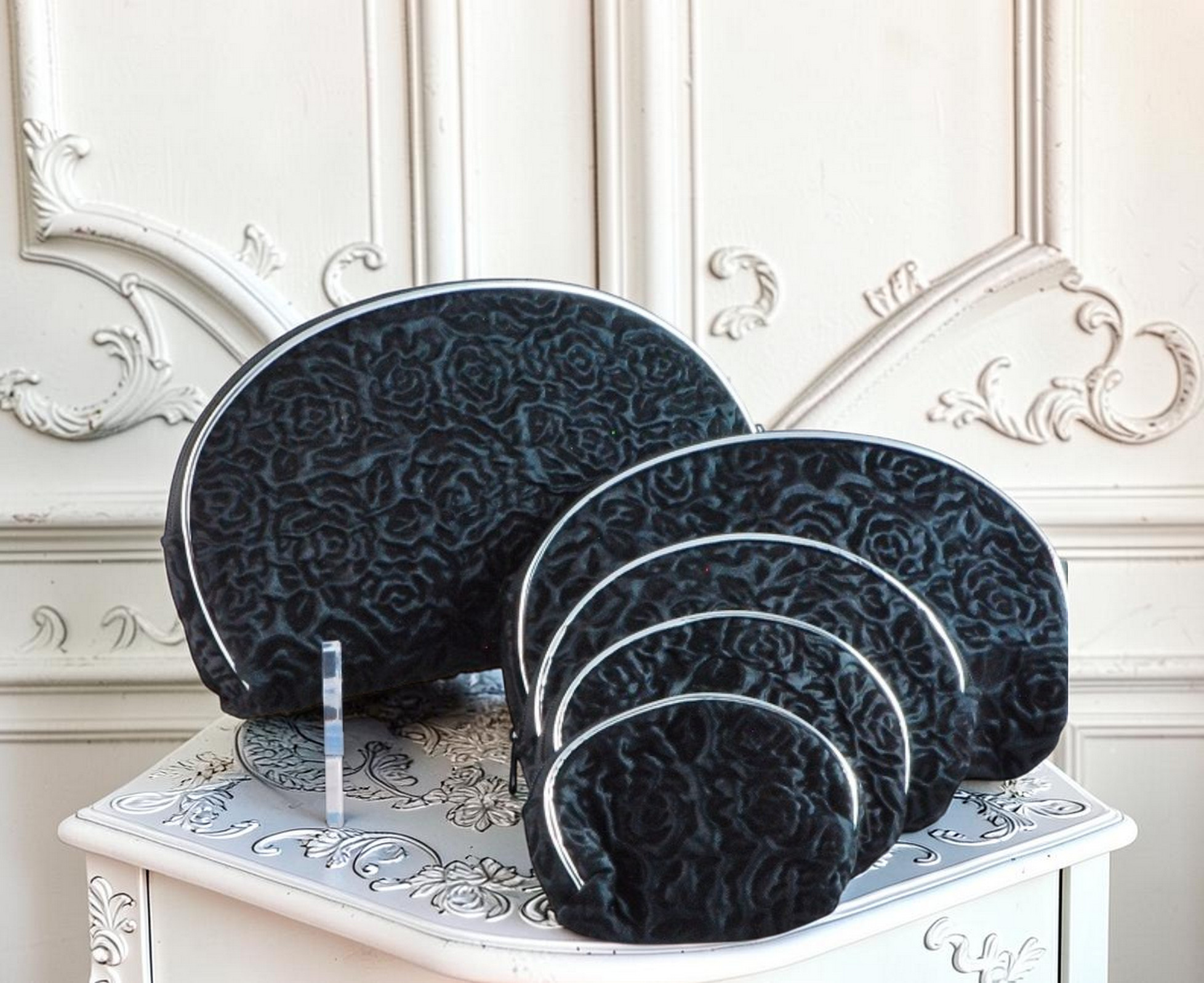 Set of 5 Black Satin Rose Pattern Cosmetic Bags