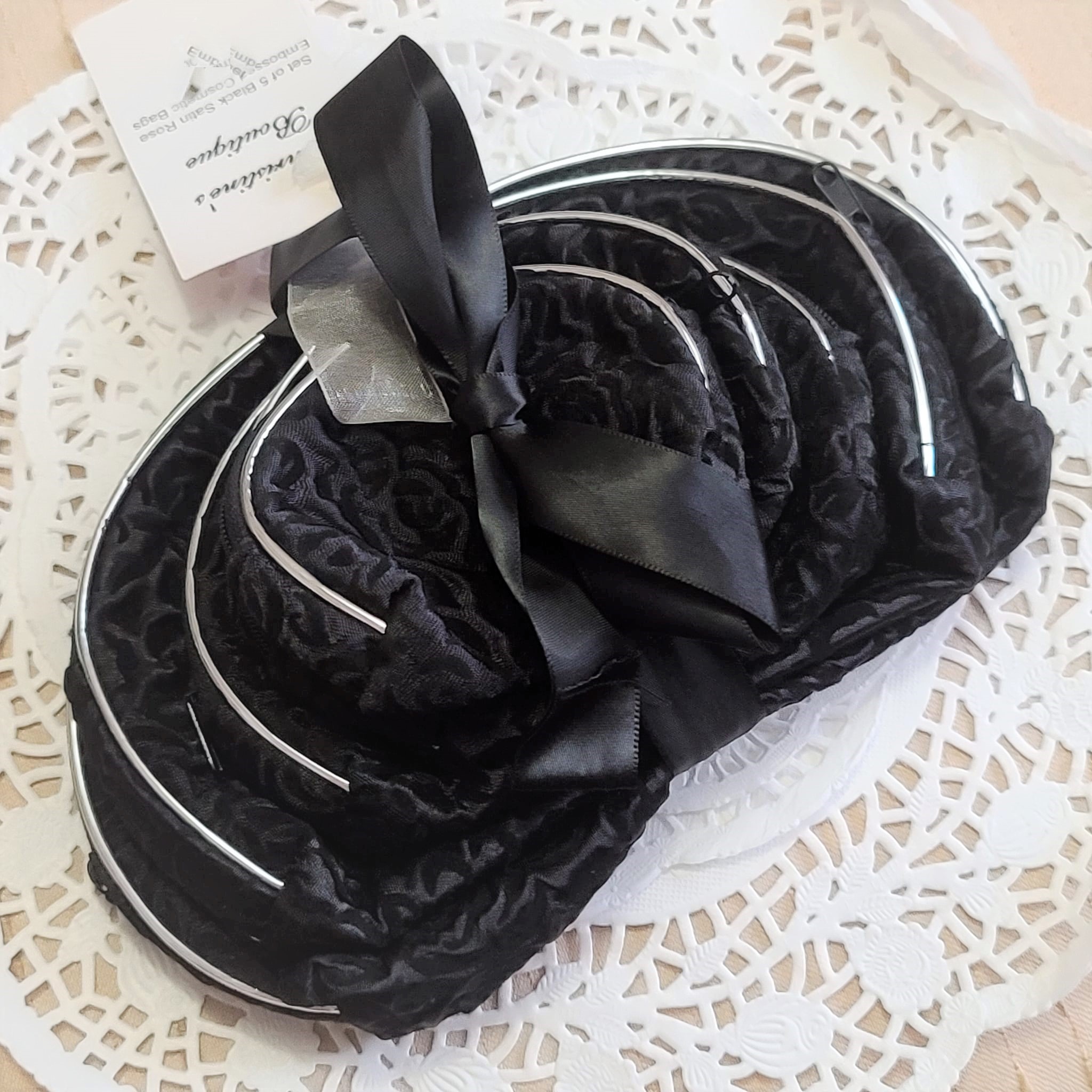 Set of 5 Black Satin Rose Pattern Cosmetic Bags