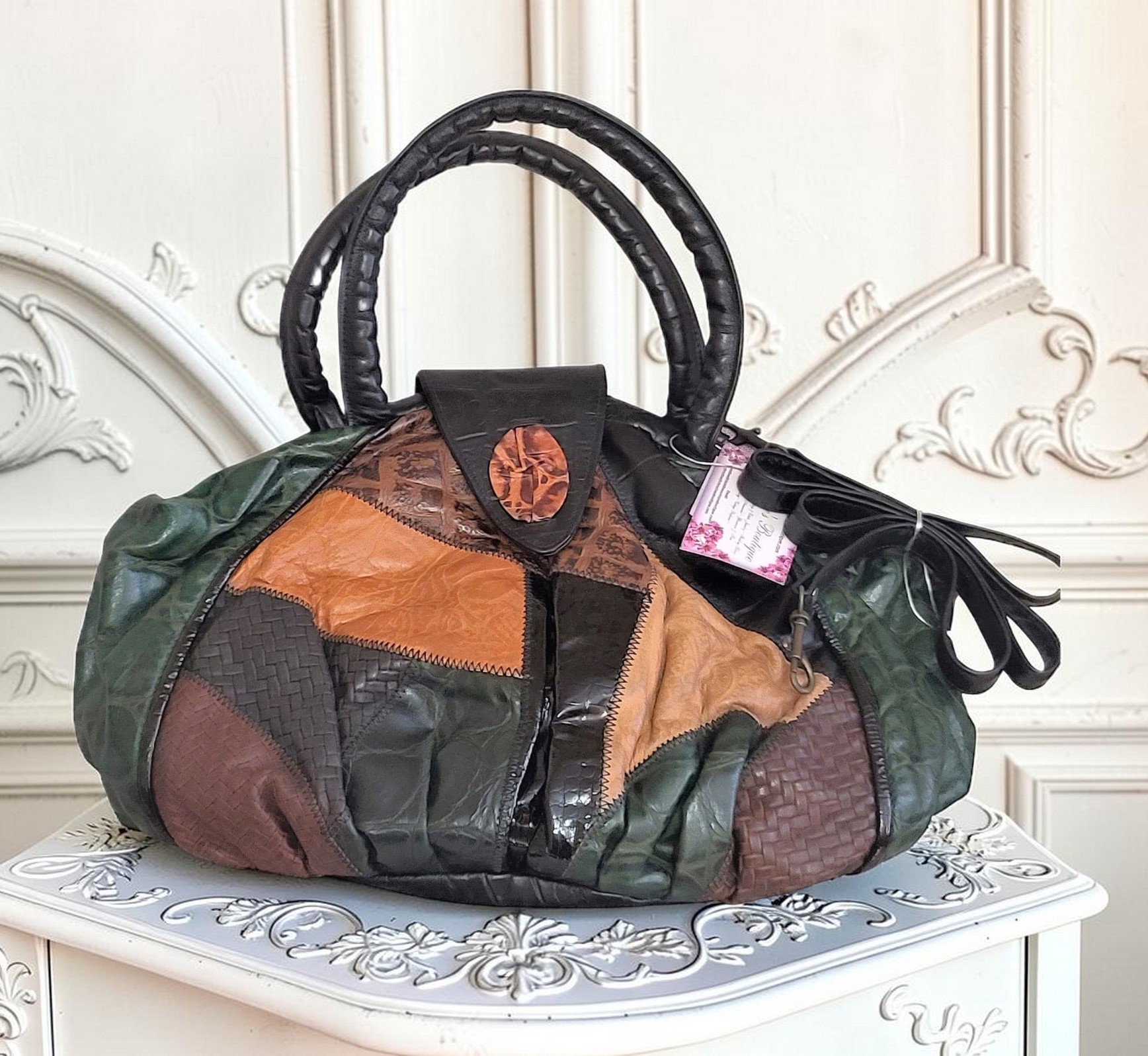 Patchwork calico leather retro vintage large handbag