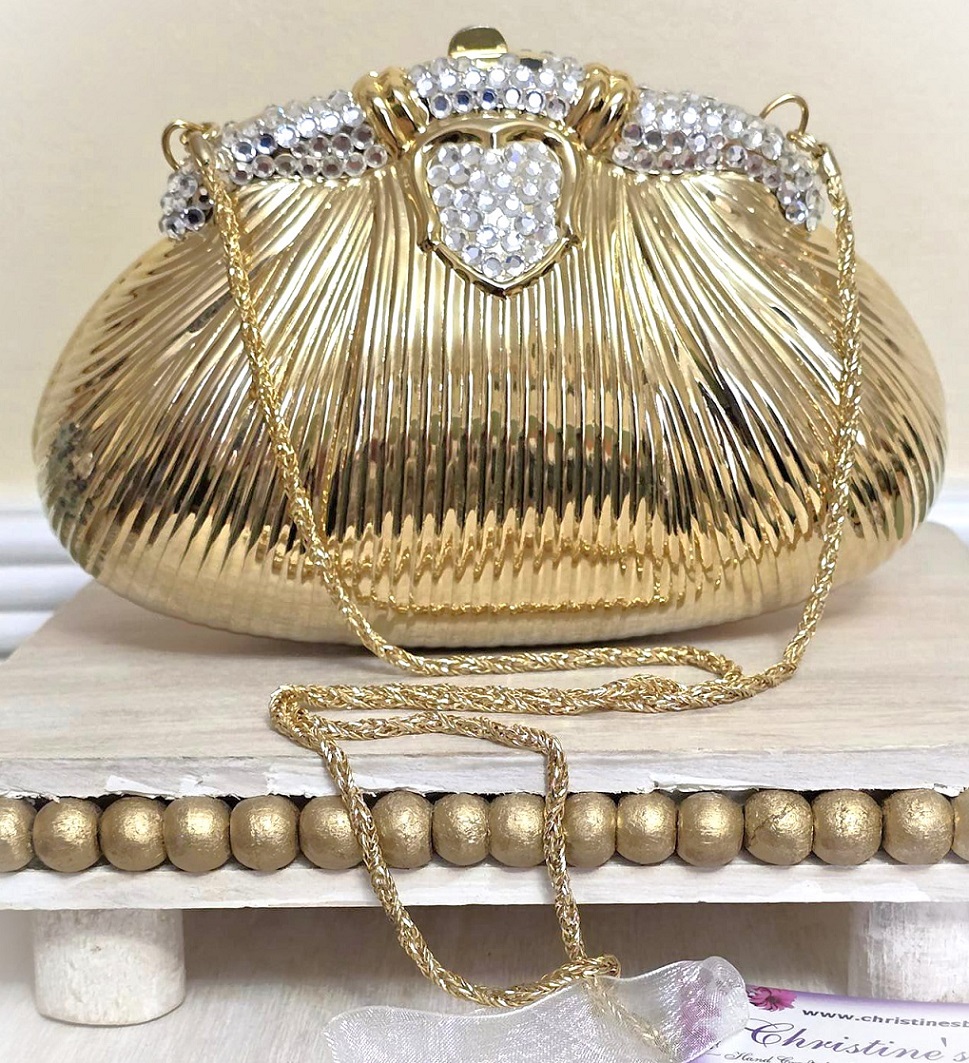 Vintage hard case purse, gold hard case handbag, rhinestones and snake chain handle - Click Image to Close