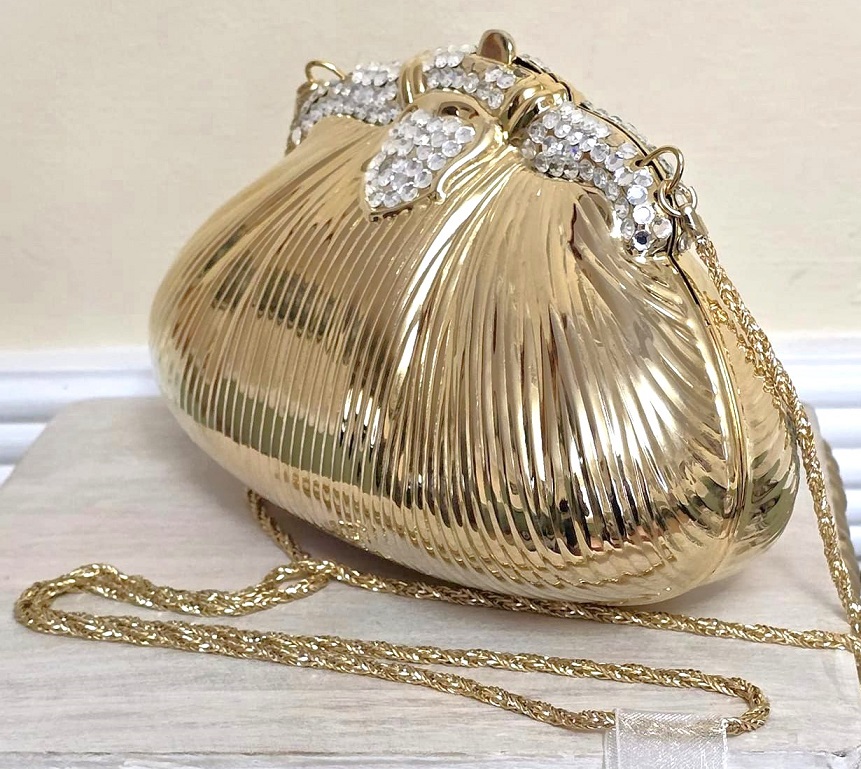 Vintage hard case purse, gold hard case handbag, rhinestones and snake chain handle
