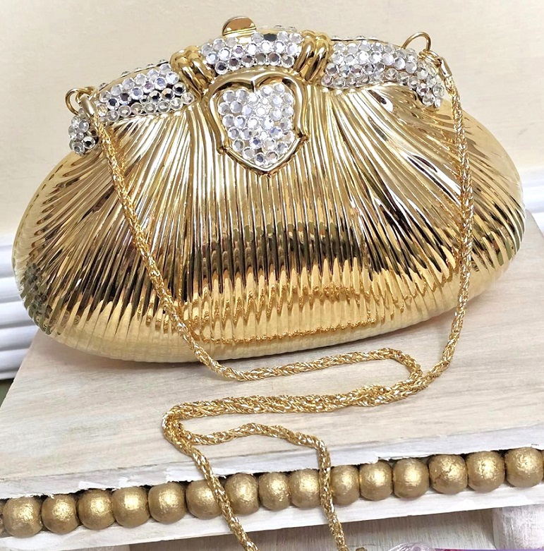 Vintage hard case purse, gold hard case handbag, rhinestones and snake chain handle
