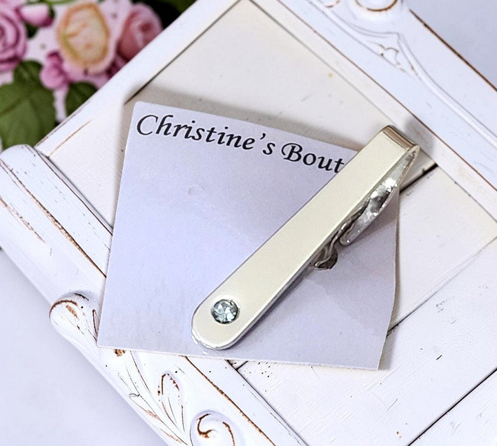 Vintage tie clip, silver bar with blue rhinestone accent