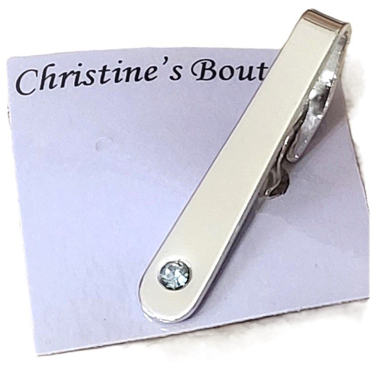 Vintage tie clip, silver bar with blue rhinestone accent - Click Image to Close