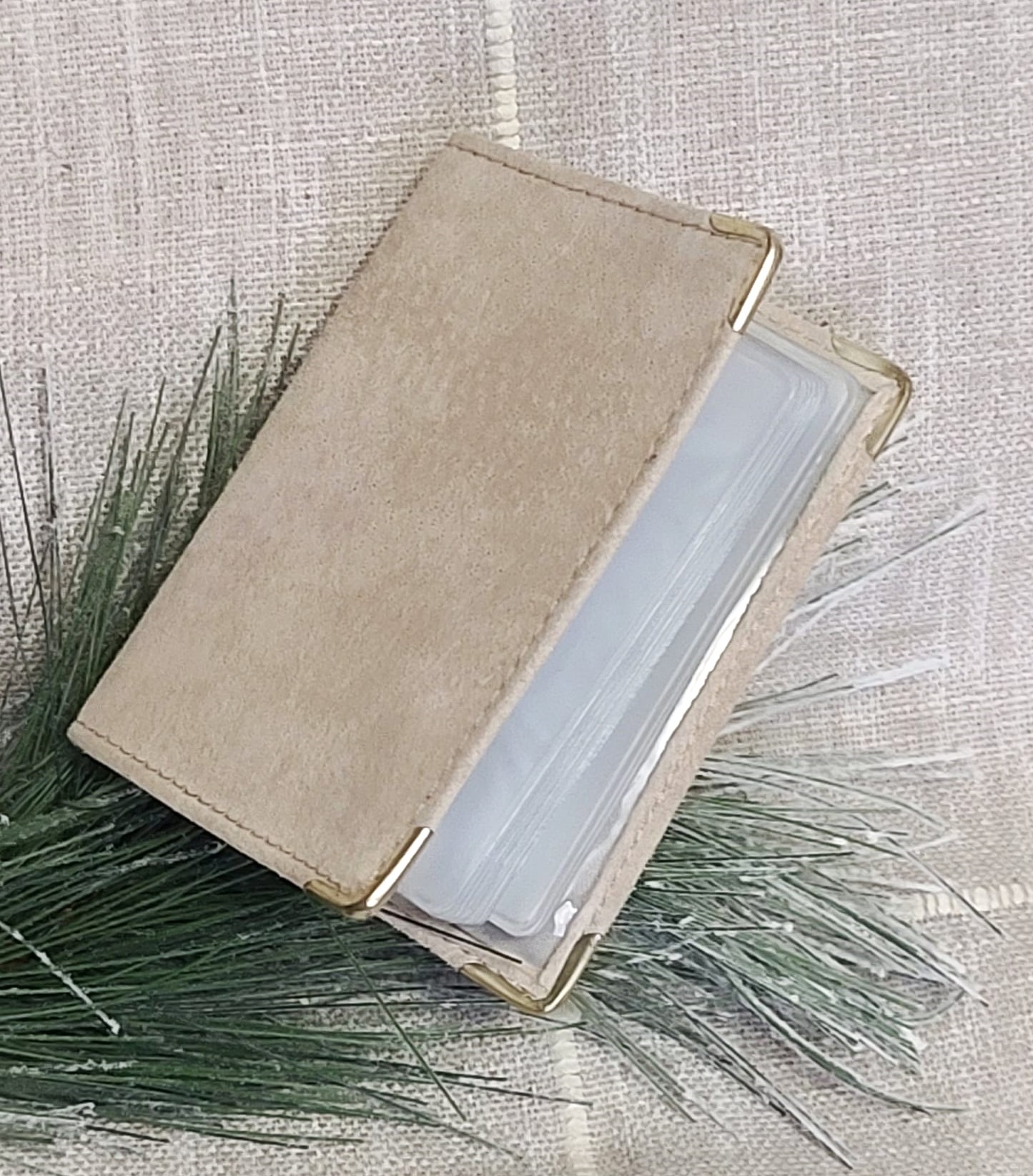 Light beige suede photo credit card holder vintage