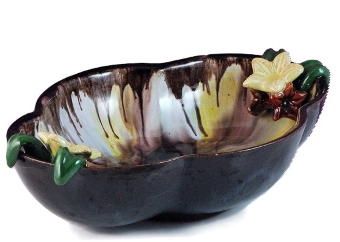 Large glazed pottery bowl, with floral 3d accents, made in Austria, brown glazed
