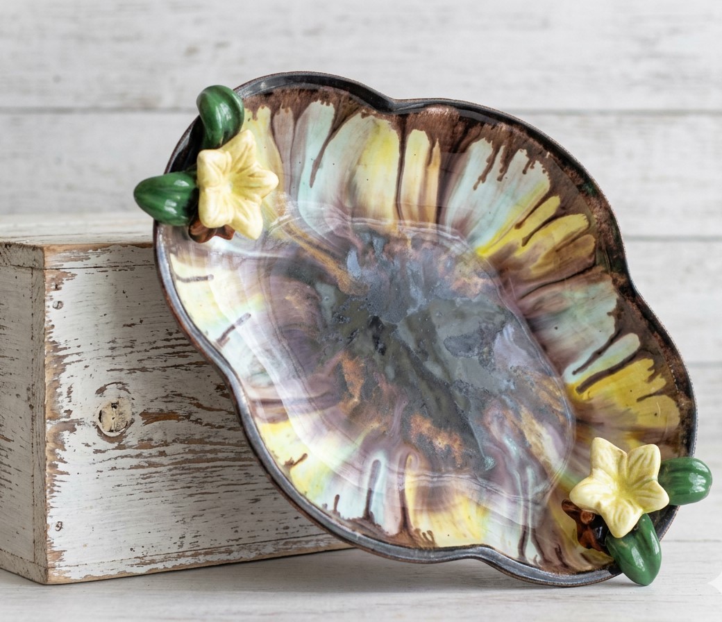 Vintage Austria Glazed Pottery Bowl with 3D flowers