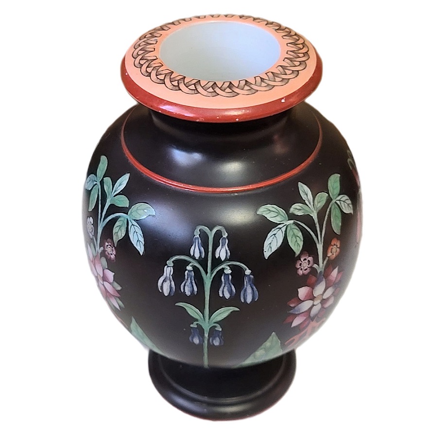 Inlaid Floral Design Black Porcelian Vase