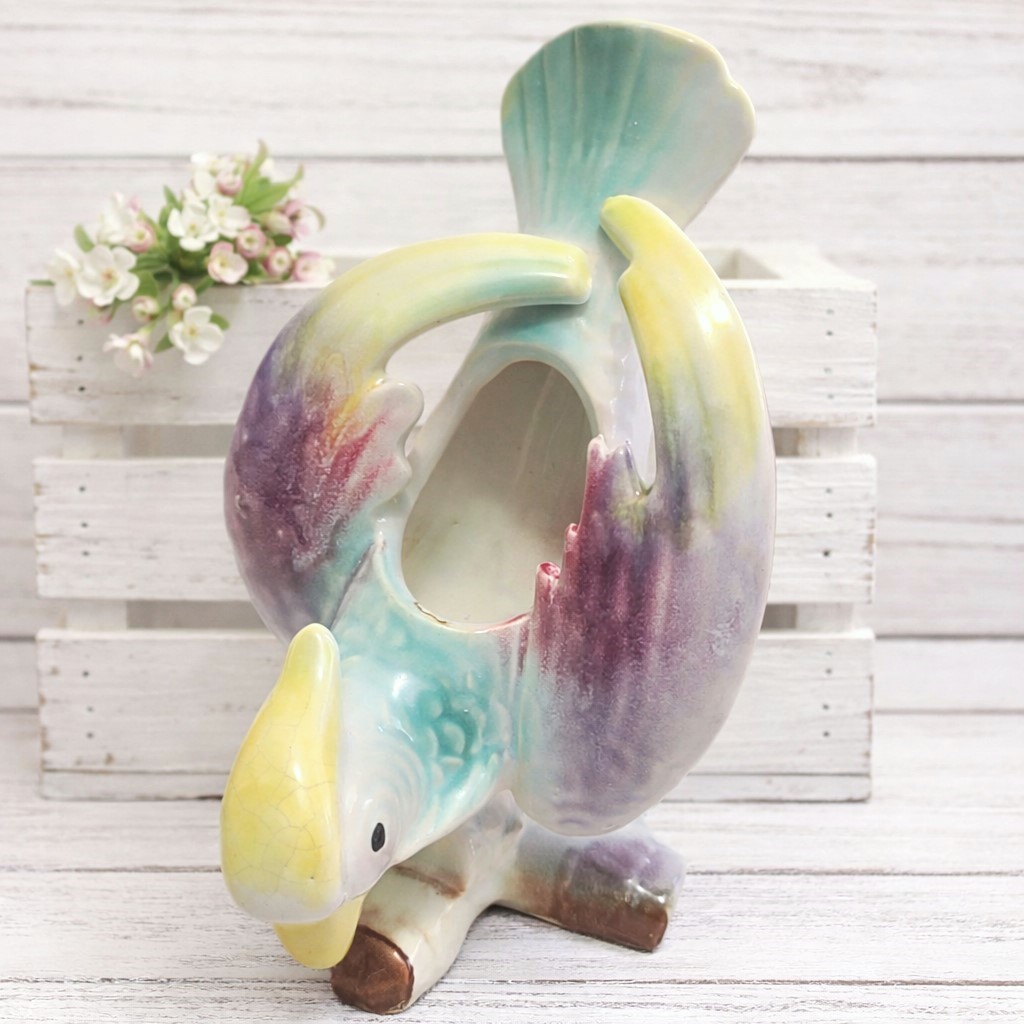 Vintage Parrot Planter Glazed Pottery