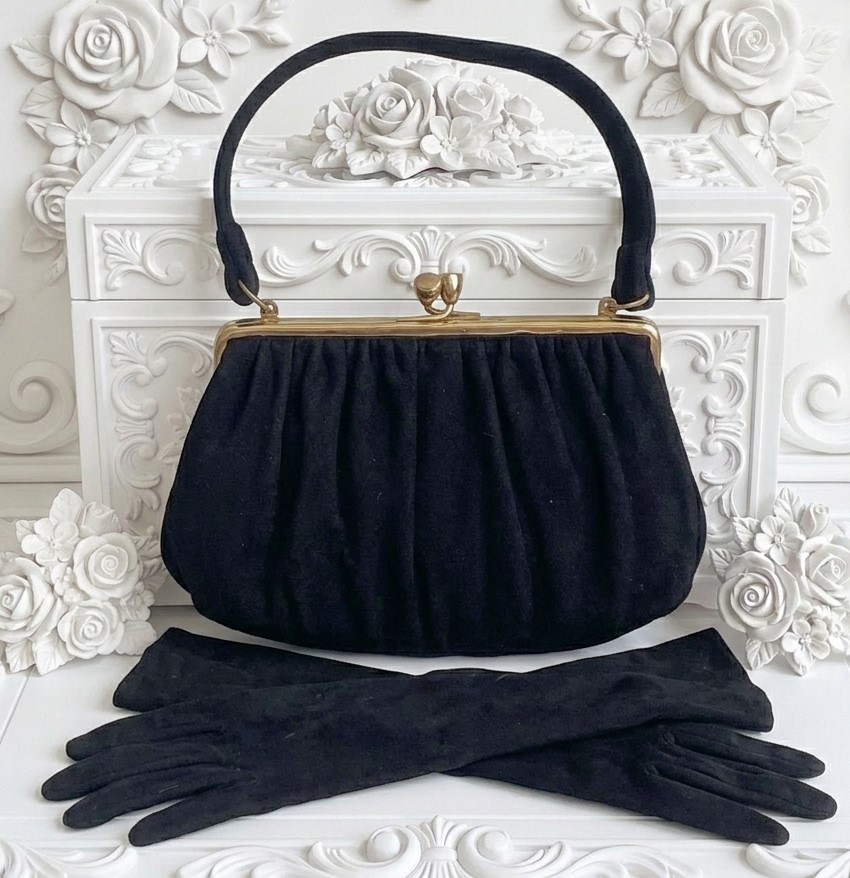 Ingber vintage purse, black vintage purse, matched felt opera gloves, felt like handbag
