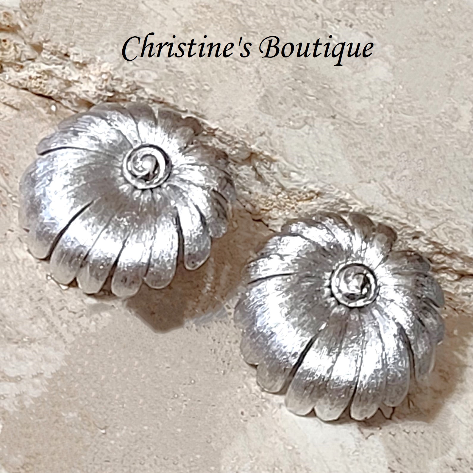Monet clipon earrings, silvertone flowers, button style vintage earrings - Click Image to Close