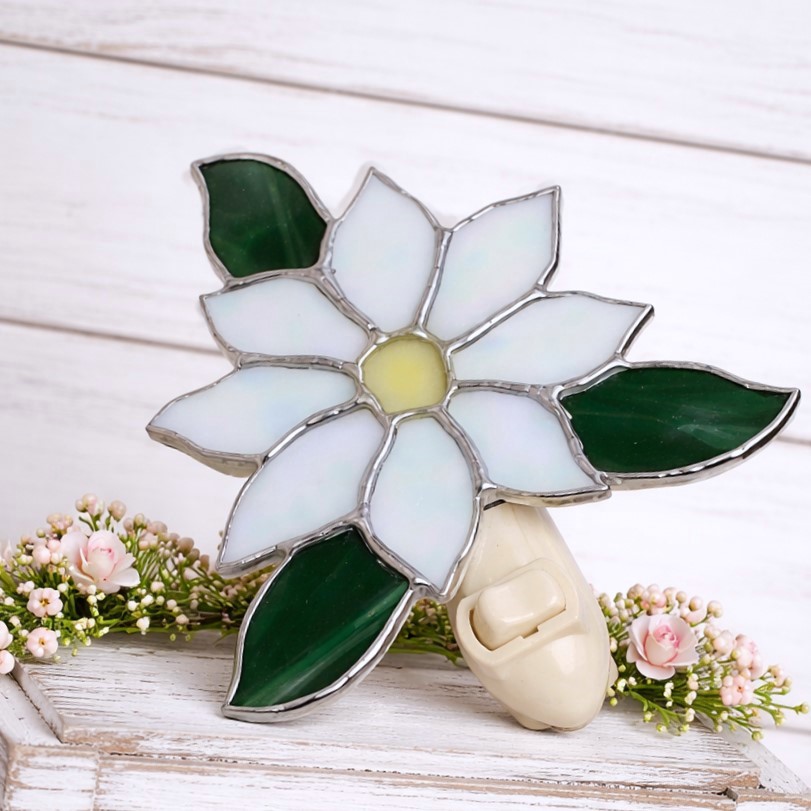 Stained Glass White Irridescent Flower Night Light