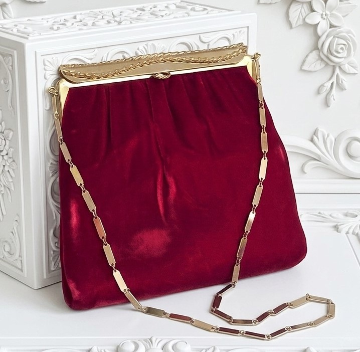 Red Velvet Handbag w/Goldtone Strap & Detail