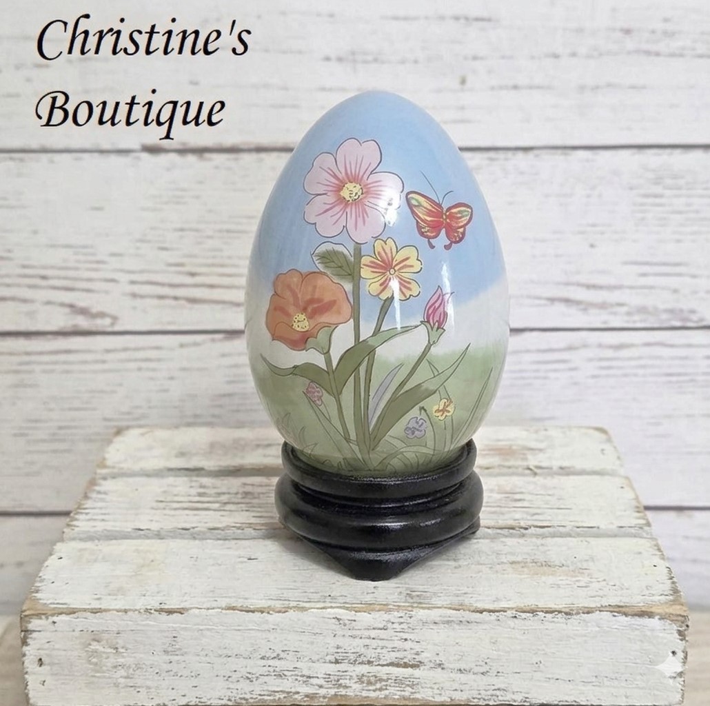 Vintage egg and stand, with original linen box, decorative egg, easter display, butterflies and flowers