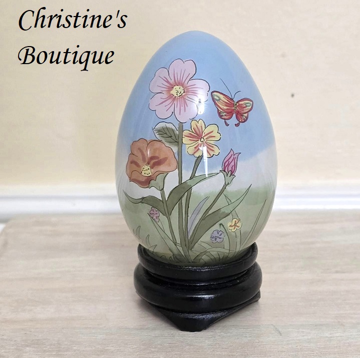 Vintage egg and stand, with original linen box, decorative egg, easter display, butterflies and flowers - Click Image to Close