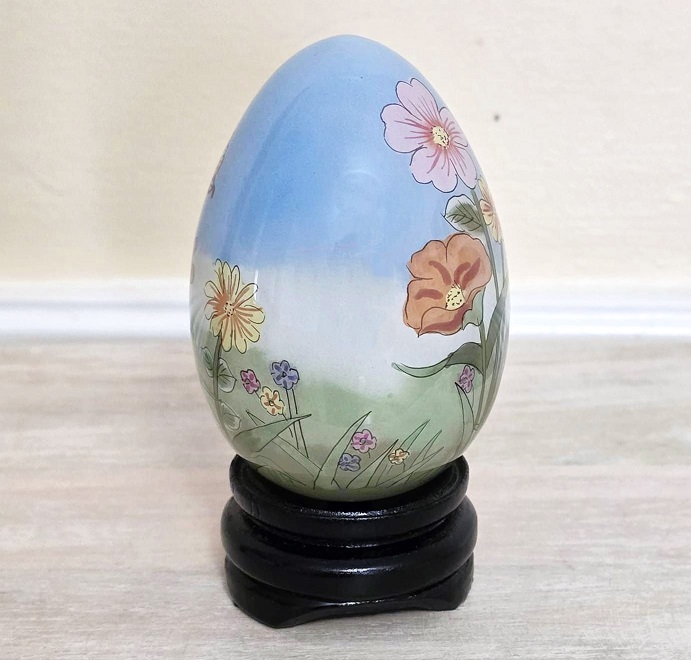 Vintage egg and stand, with original linen box, decorative egg, easter display, butterflies and flowers