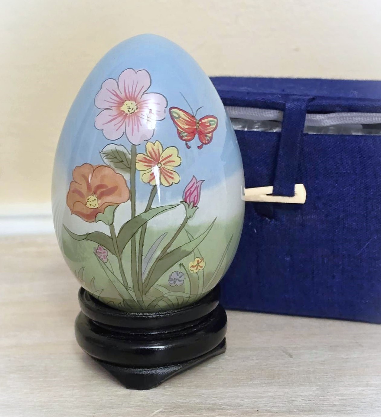 Vintage egg and stand, with original linen box, decorative egg, easter display, butterflies and flowers