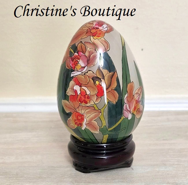 Vintage egg and stand, with original linen box, decorative egg, easter display, orchids - Click Image to Close