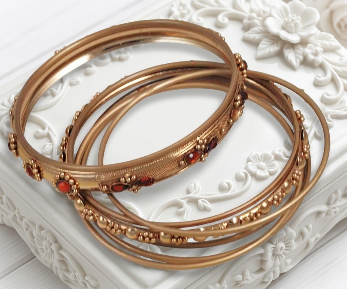 Bronze Costume Bracelets with Brown Topaz Rhinestones Set of 8