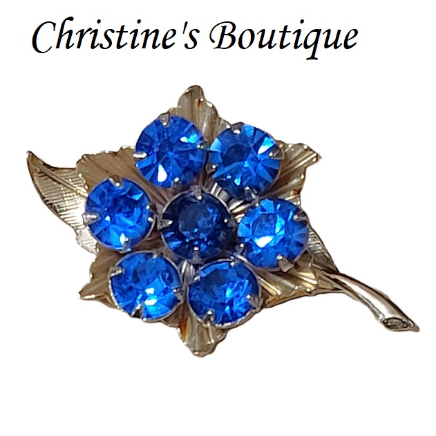 Blue Rhinestone Flower Pin Goldtone - Click Image to Close