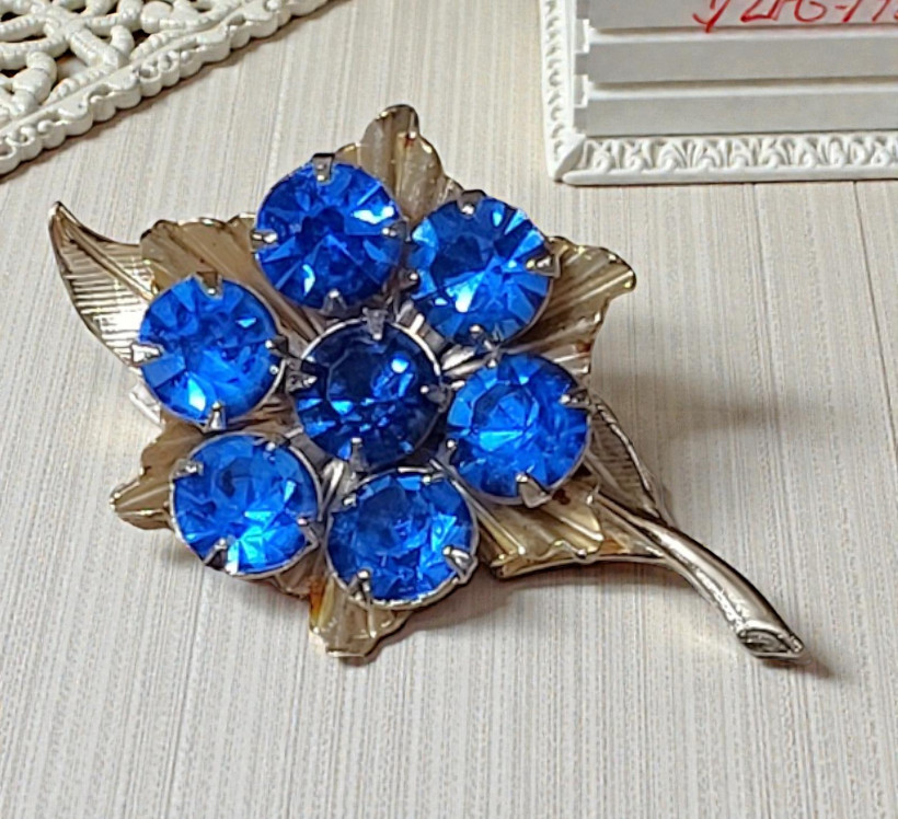 Blue Rhinestone Flower Pin Goldtone