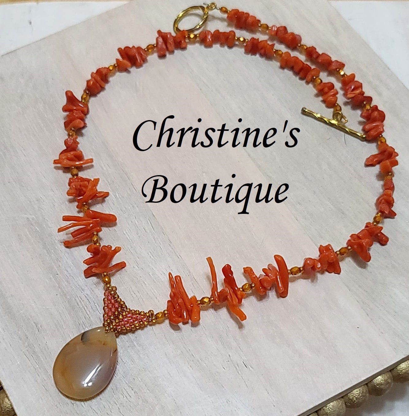 Handcrafted Spine Red Coral with Drop Stone Pendant Lariat - Click Image to Close