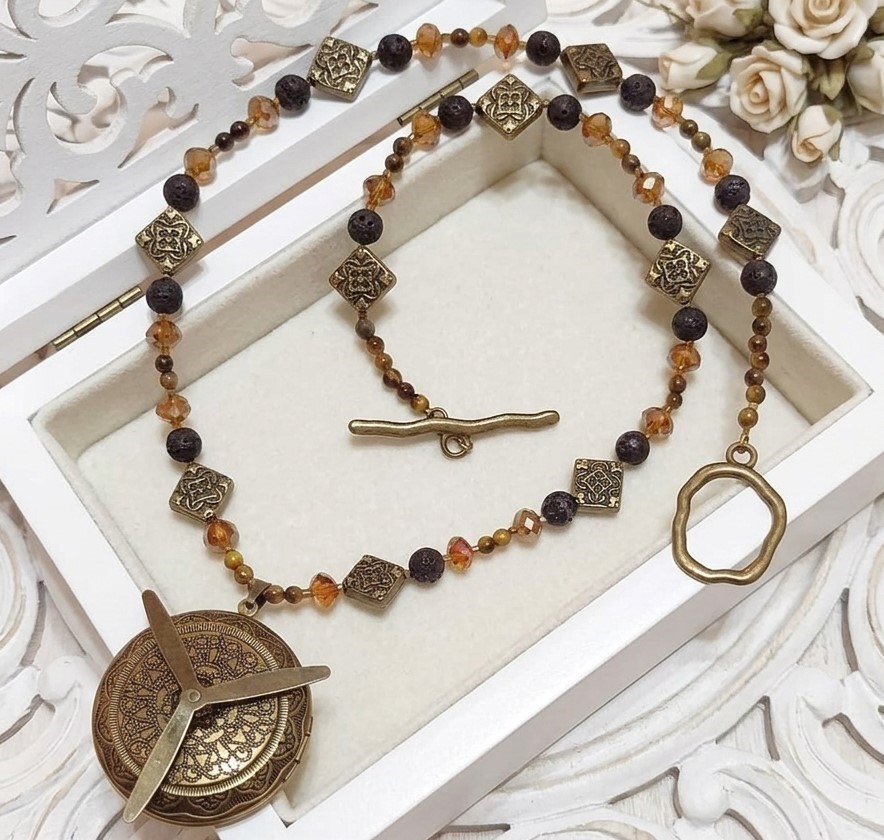 Gemstone Necklace with Locket with Lava Rock, Tiger Eye and Crystals Handcrafted