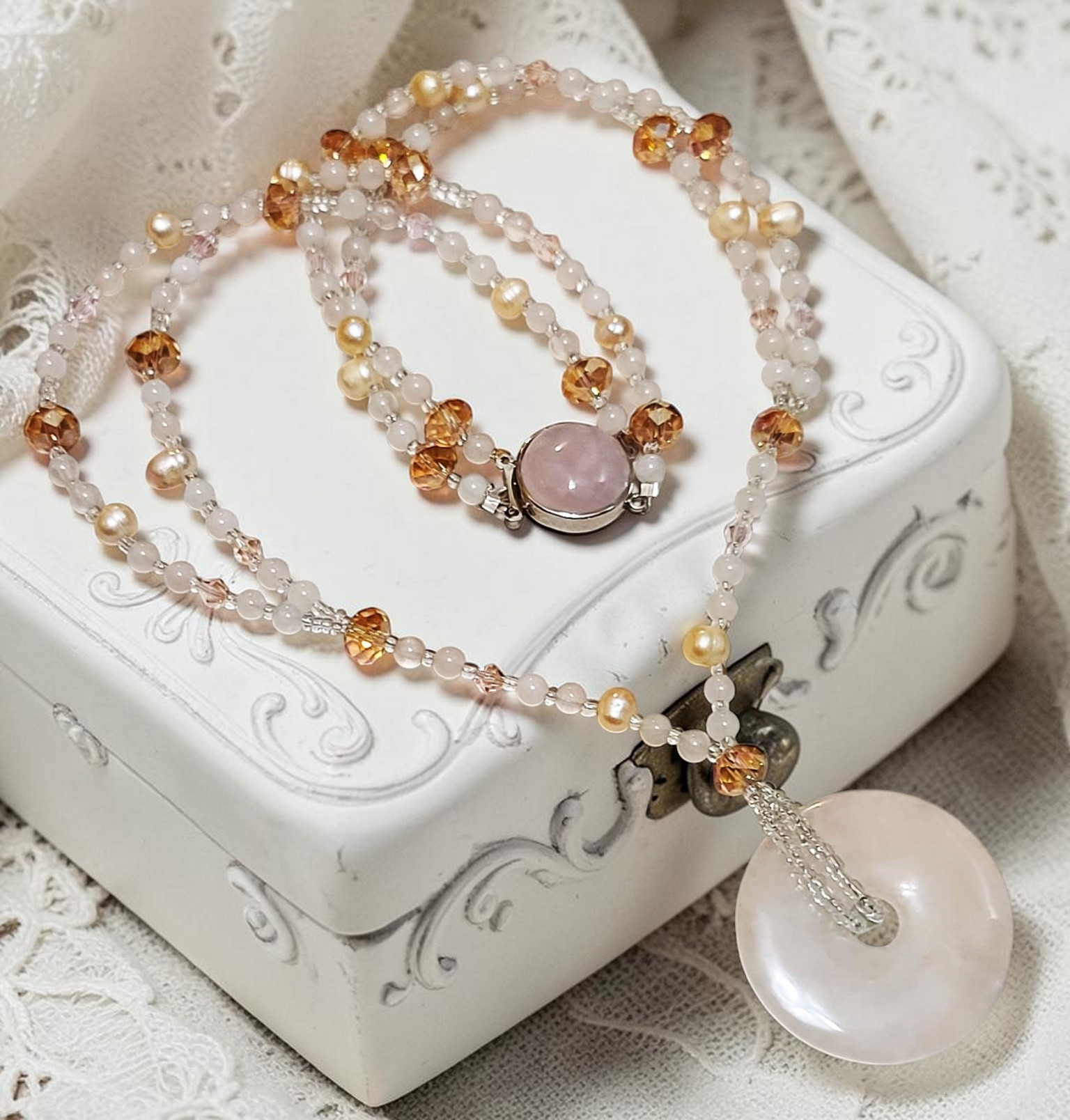 Pink quartz necklace, lariat style, freshwater pearls & crystals