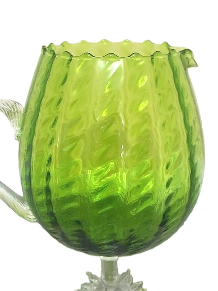 Vintage green glass vase, with sun motif, large pitcher 12 1/2 inches