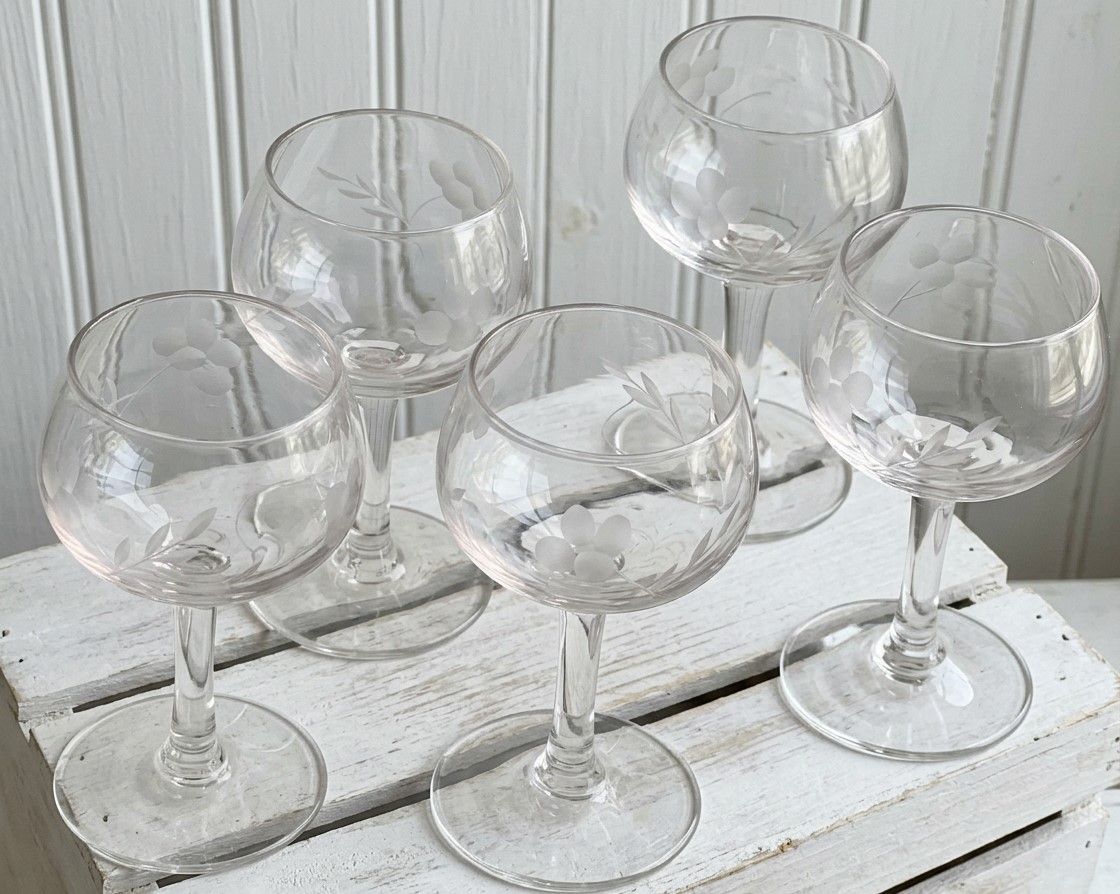 Etched Glass Vintage Brandy Shot Glasses Set of 5 - Princess House Heritage Collection