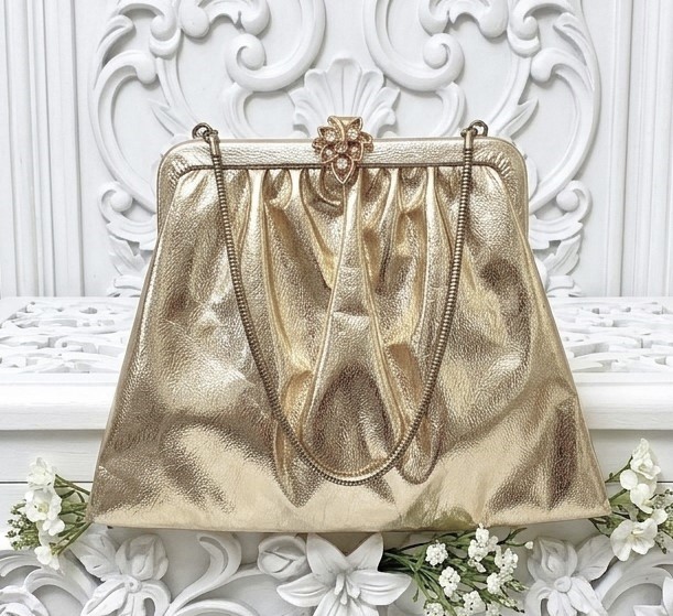 Gold lame handbag, vintage handbag, gold faux leather purse, with rhinestone clasp