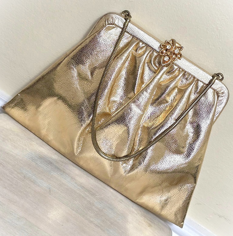 Gold lame handbag, vintage handbag, gold faux leather purse, with rhinestone clasp