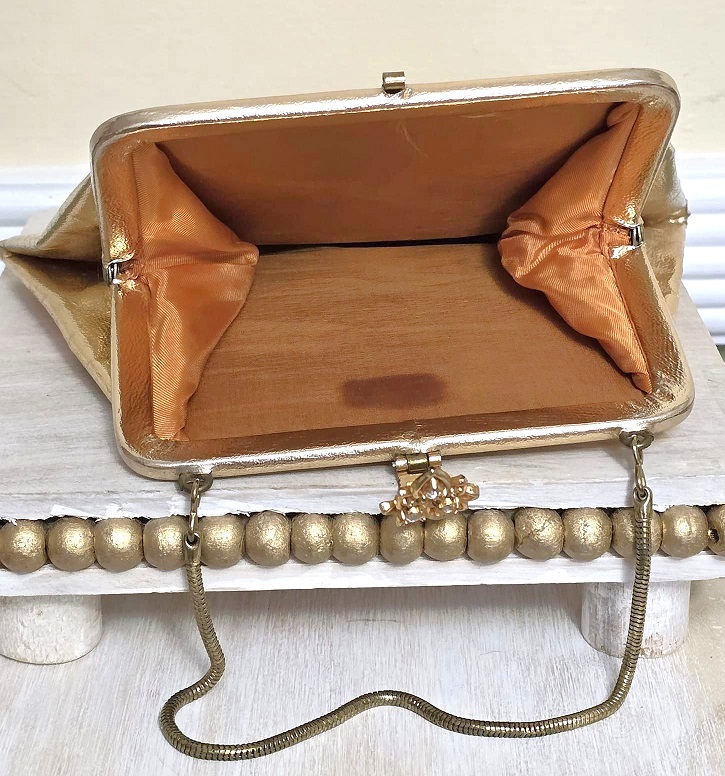 Gold lame handbag, vintage handbag, gold faux leather purse, with rhinestone clasp