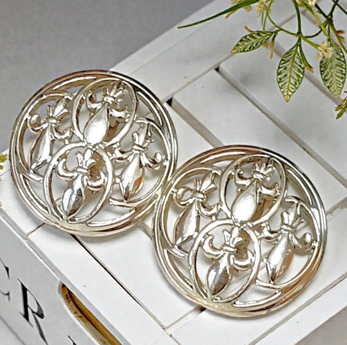 Fleur De Lis vintage earrings, goldtone, clip ons signed EMJ