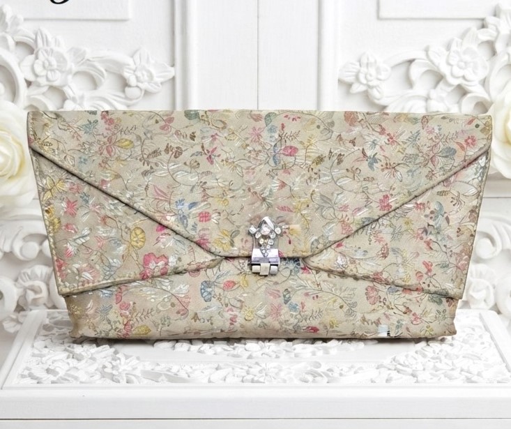 Brocade clutch style bag, with asian floral patttern, rhinestone accent clasp, designer Britemode