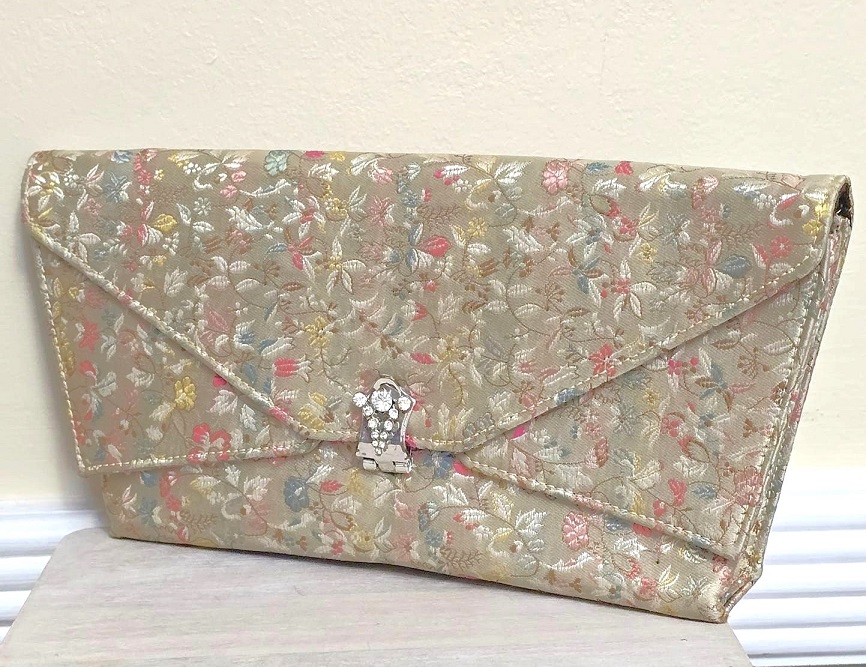 Brocade clutch style bag, with asian floral patttern, rhinestone accent clasp, designer Britemode