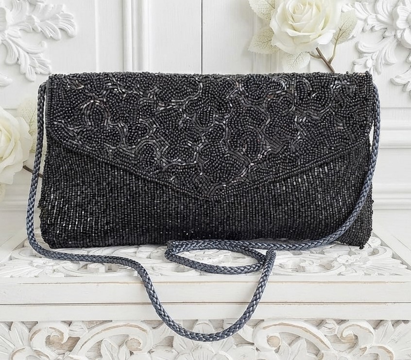 Beaded handbag, gray beaded bag, designer Valerie Stevens