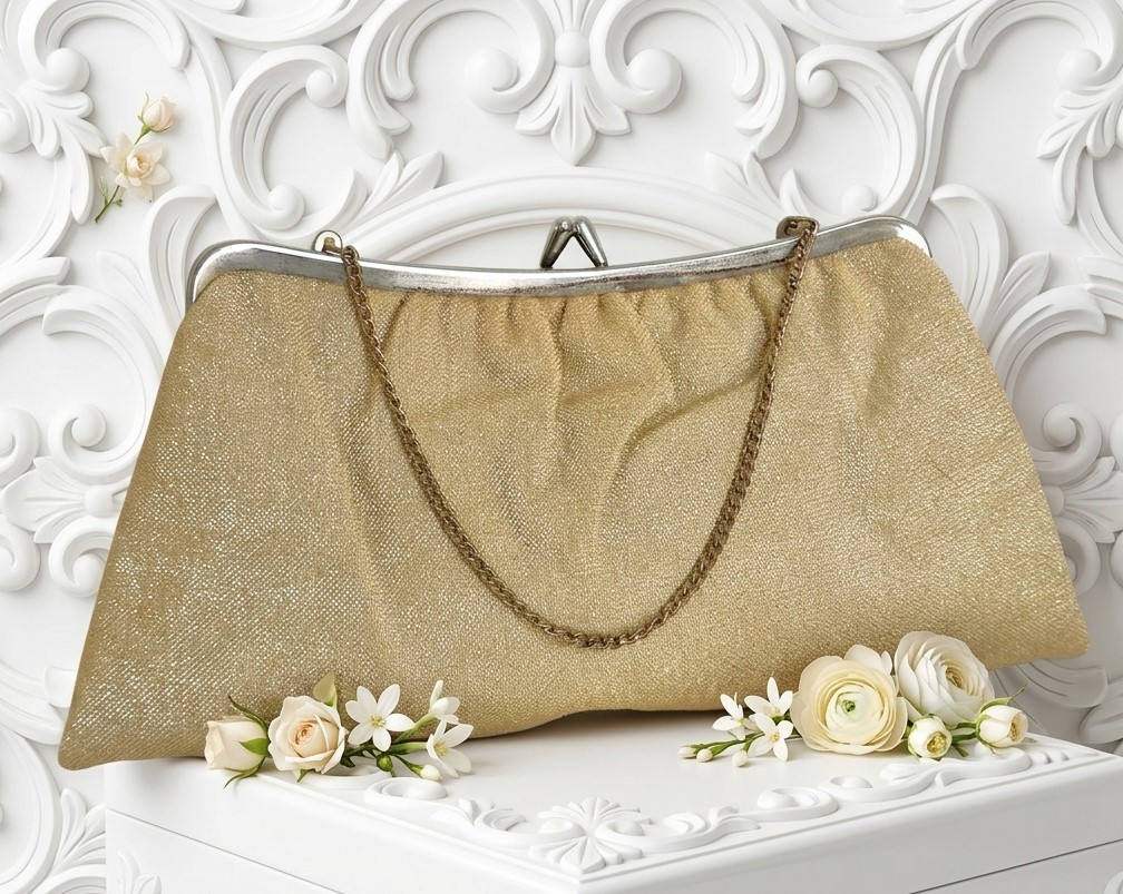 Gold purse, vintage purse with chain handle, gold sparkle material, night out bag Gold purse, vintage purse with chain handle, gold sparkle material, night out bag