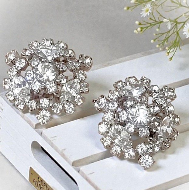 Rhinestone cluster earrings, vintage, signed designer, KRAMER