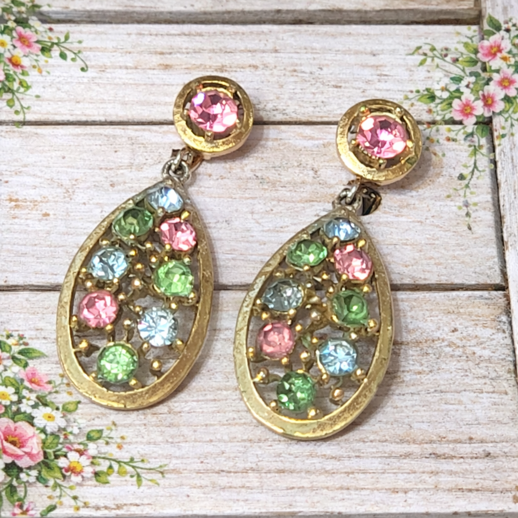 Pastel rhinestone earrings, tear drop vintage clip ons